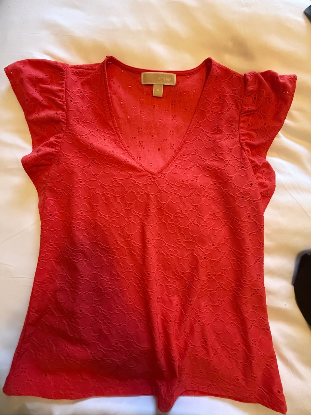 Michael Kors Eyelet Lace Flutter Sleeve Blouse Coral Red V-Neck Women’s Small